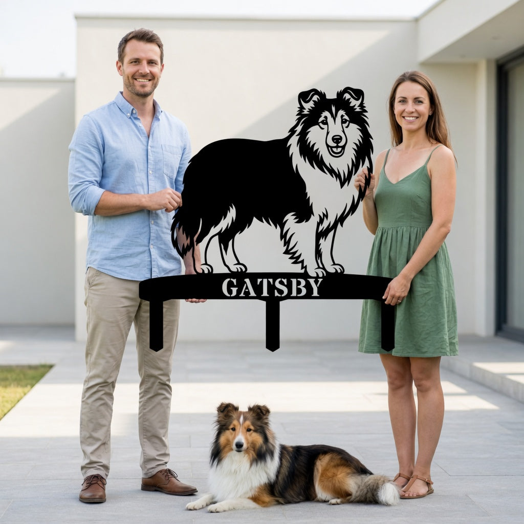 Personlig Shetland Sheepdog metalskilt til haven med hundenavn