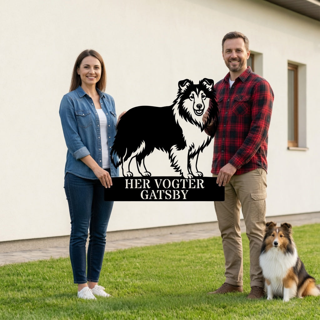 Personlig her vogter jeg Shetland Sheepdog metal navneskilt med navn