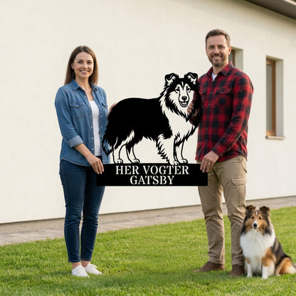 Personlig her vogter jeg Shetland Sheepdog metal navneskilt med navn