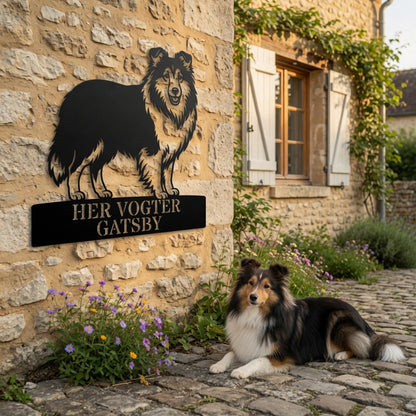 Personlig her vogter jeg Shetland Sheepdog metal navneskilt med navn