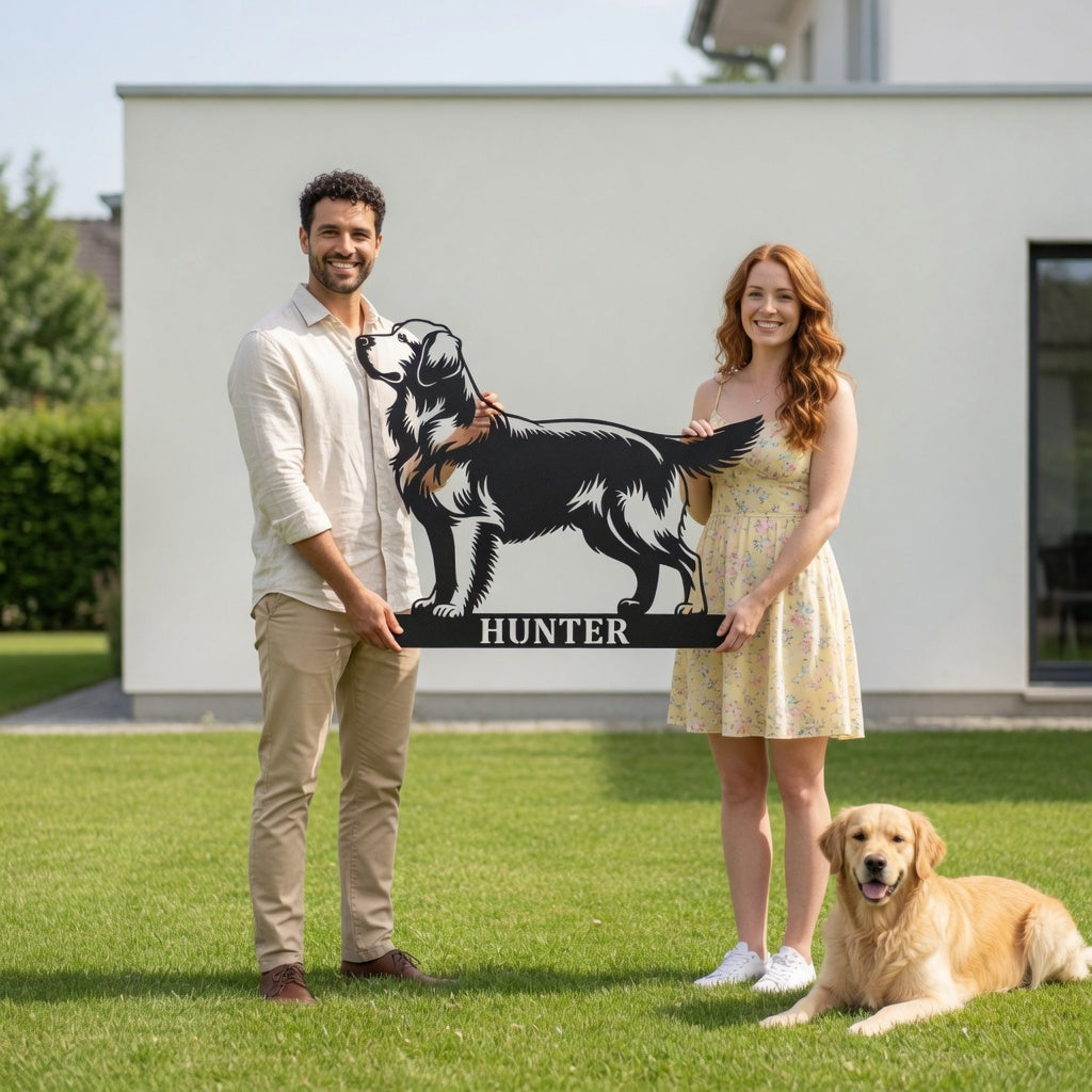 Golden retriever metalskilt med personligt hundenavn