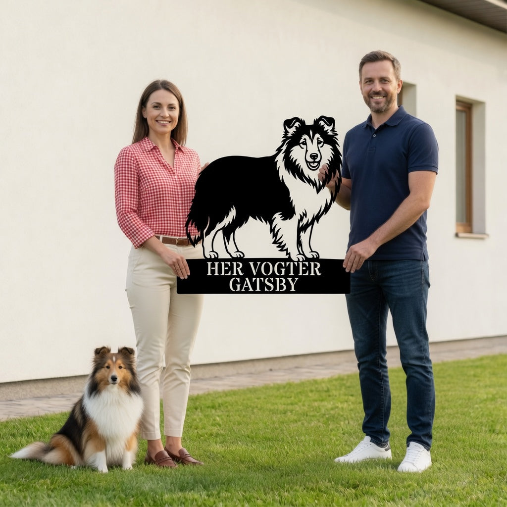 Personlig her vogter jeg Shetland Sheepdog metal navneskilt med navn