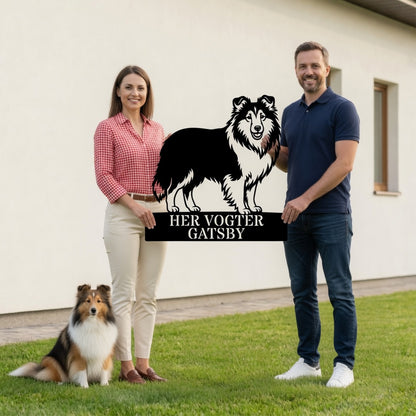 Personlig her vogter jeg Shetland Sheepdog metal navneskilt med navn