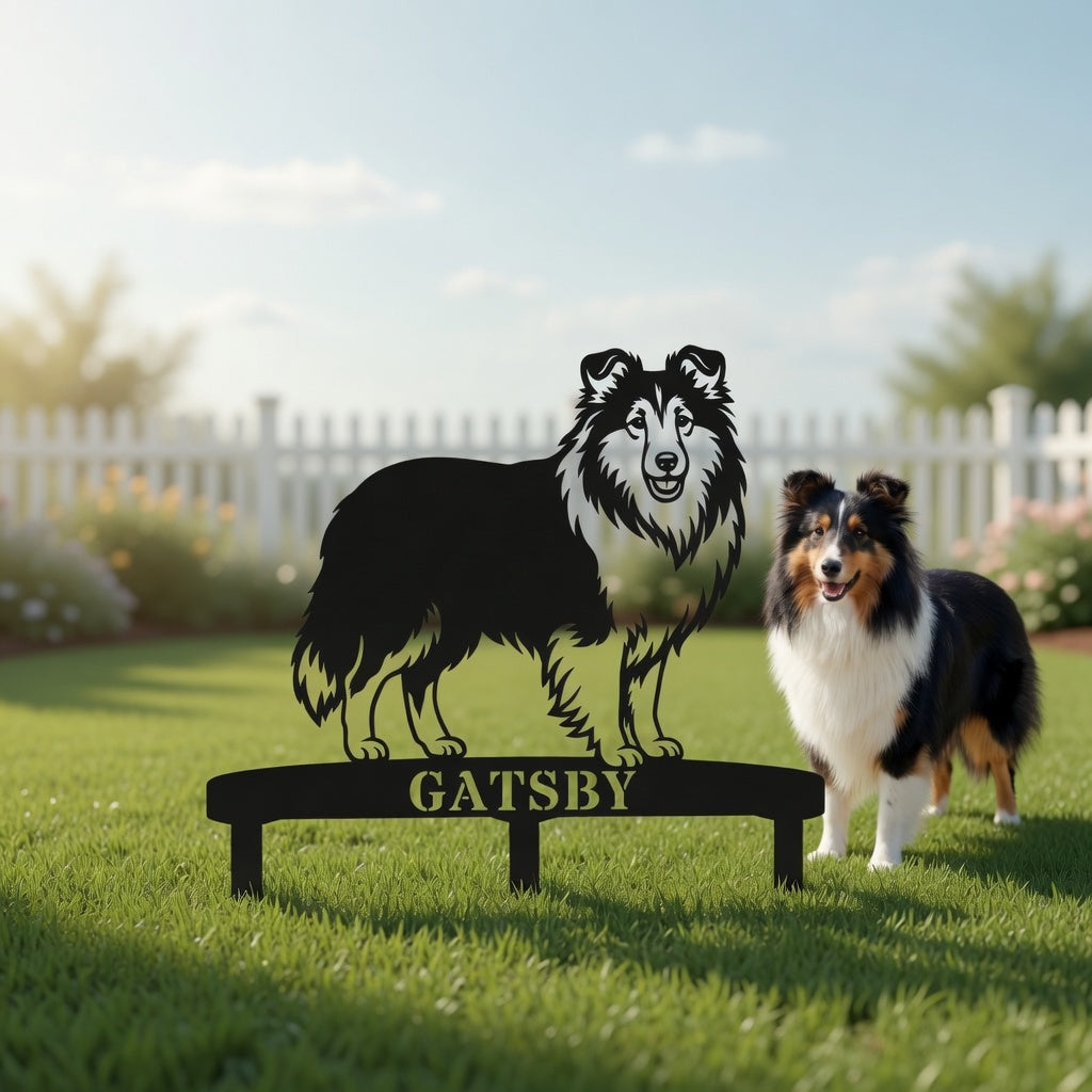 Personlig Shetland Sheepdog metalskilt til haven med hundenavn