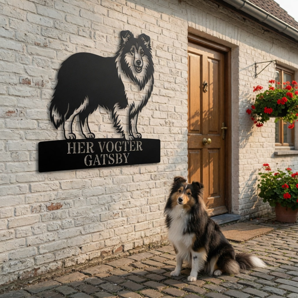 Personlig her vogter jeg Shetland Sheepdog metal navneskilt med navn
