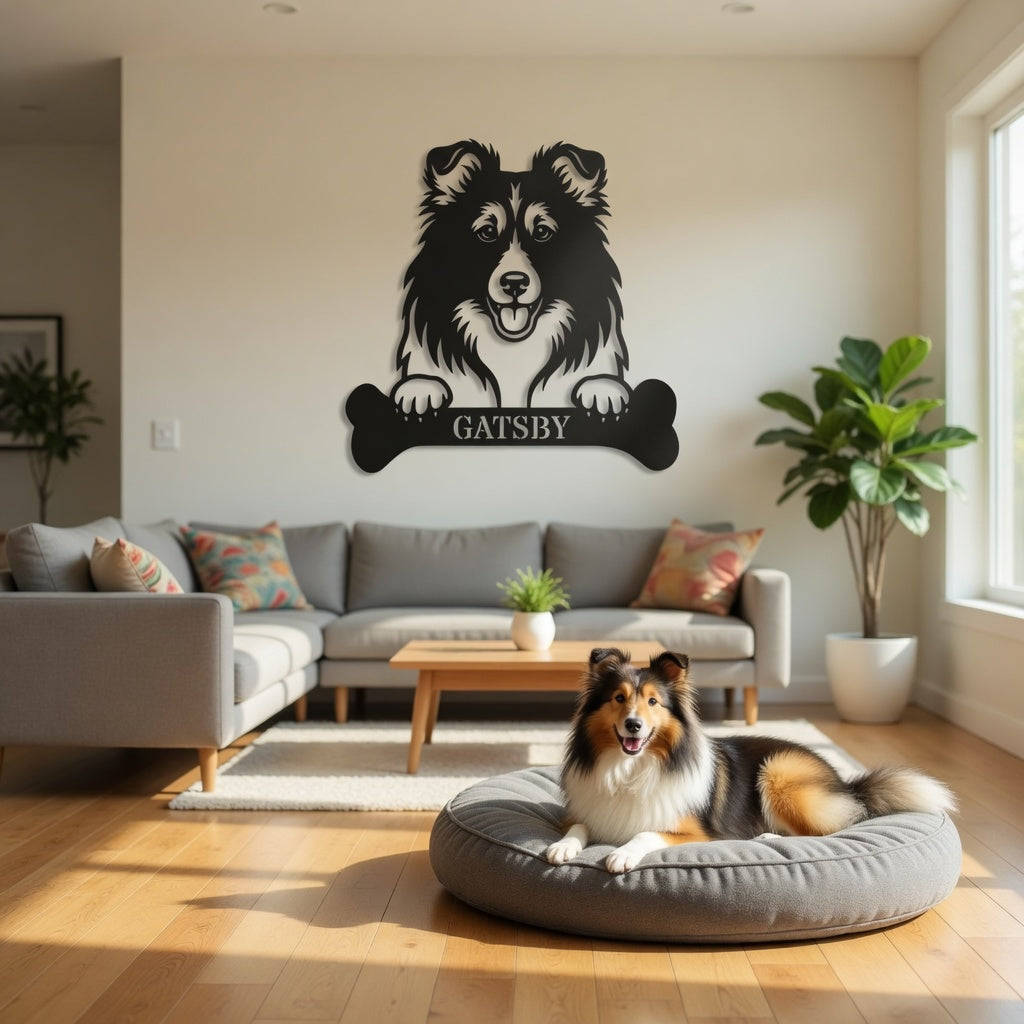Sjov shetland sheepdog navneskilt med personlig tekst. Unik metalskilt til hundeejeren