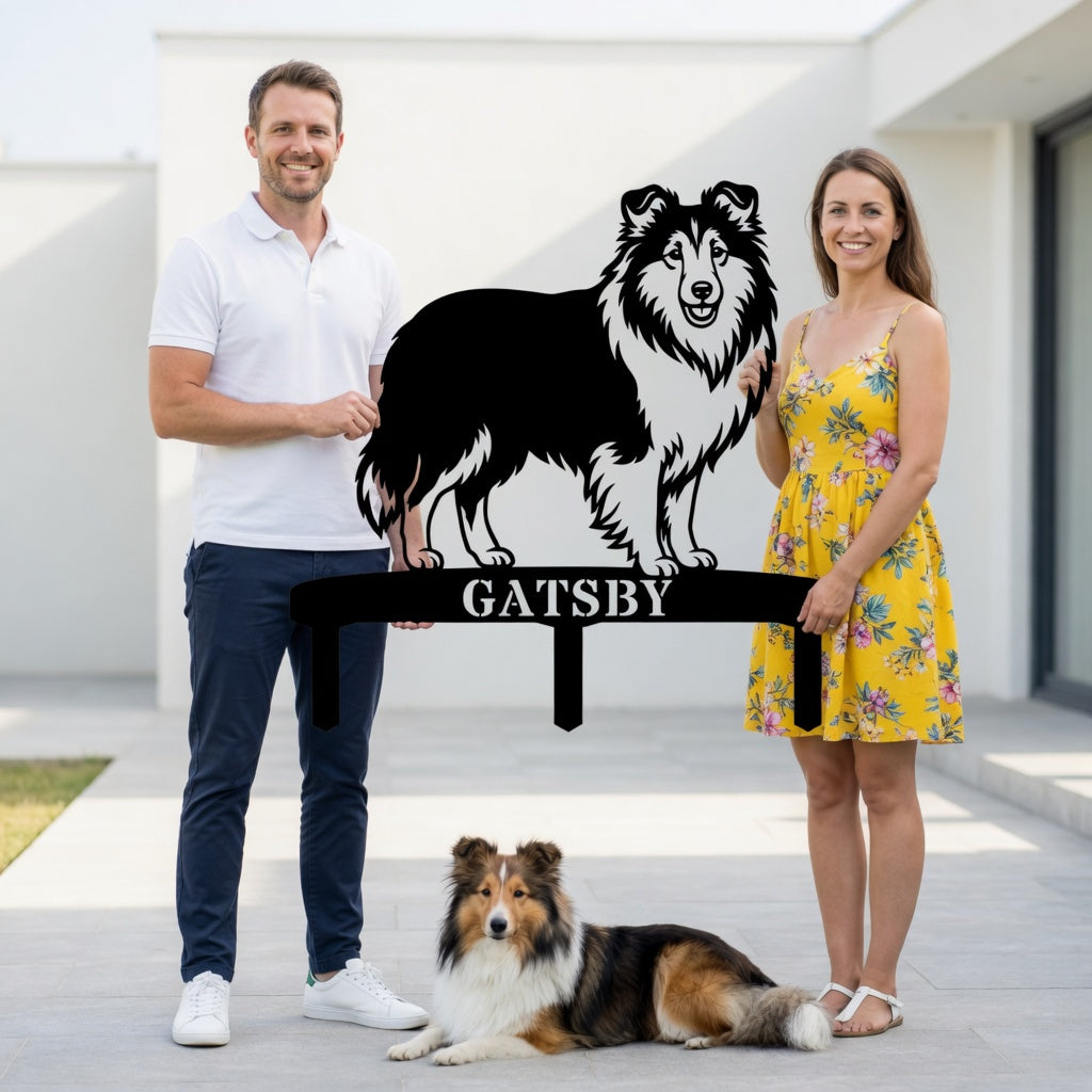 Personlig Shetland Sheepdog metalskilt til haven med hundenavn