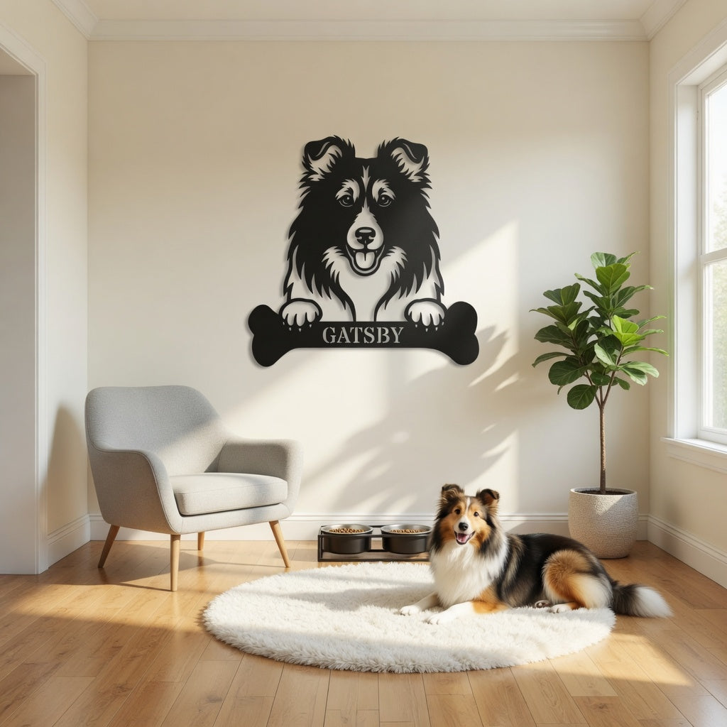 Sjov shetland sheepdog navneskilt med personlig tekst. Unik metalskilt til hundeejeren