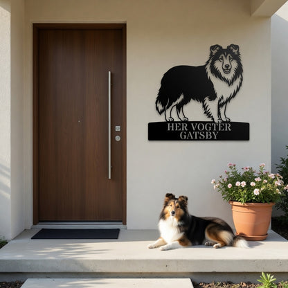 Personlig her vogter jeg Shetland Sheepdog metal navneskilt med navn