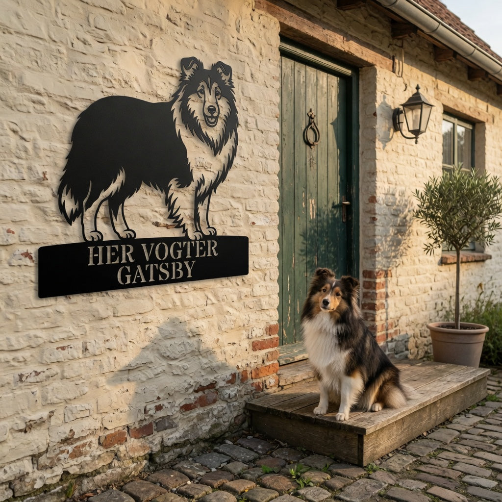 Personlig her vogter jeg Shetland Sheepdog metal navneskilt med navn