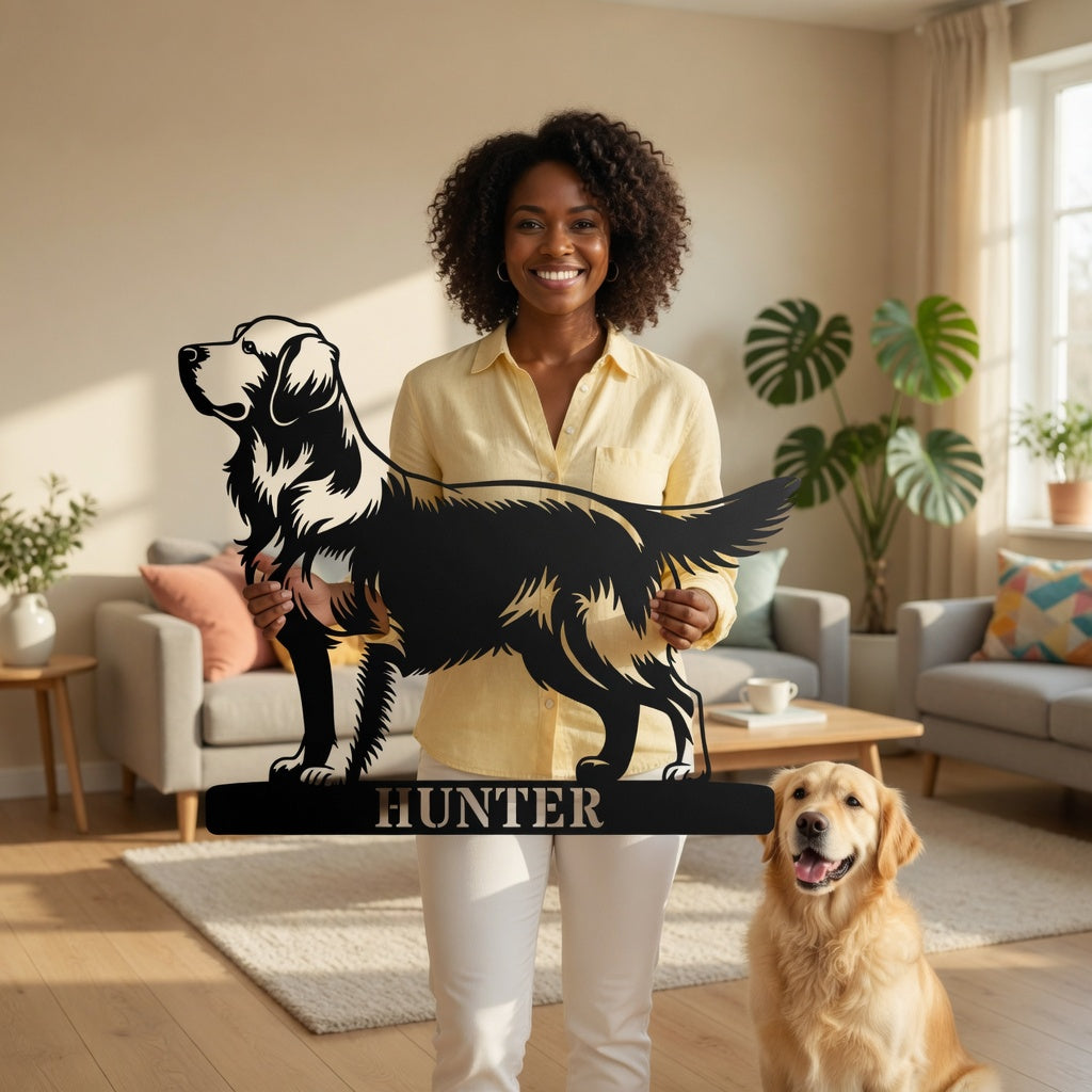 Golden retriever metalskilt med personligt hundenavn