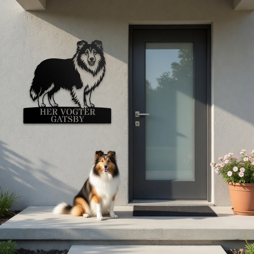 Personlig her vogter jeg Shetland Sheepdog metal navneskilt med navn