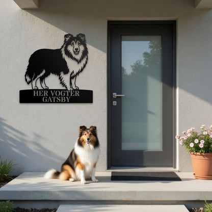 Personlig her vogter jeg Shetland Sheepdog metal navneskilt med navn