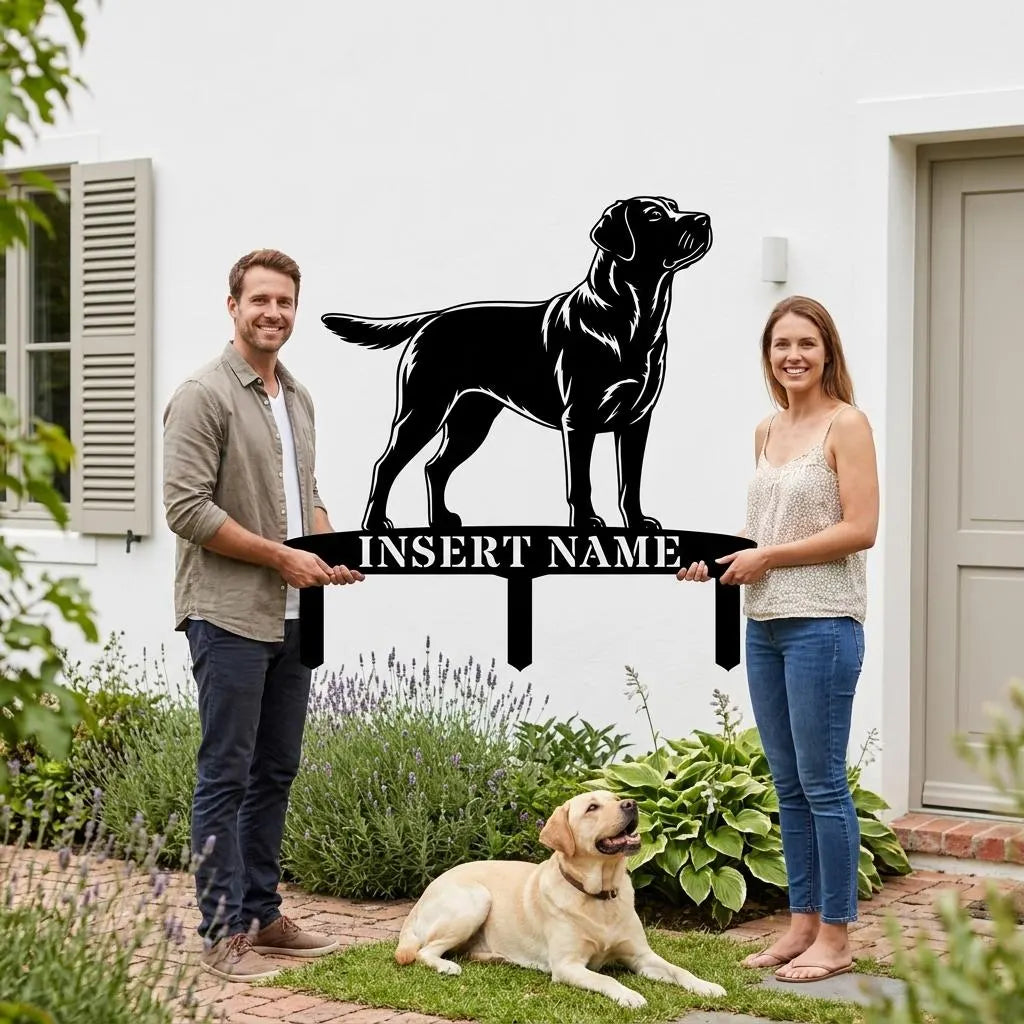 Personlig Labrador Retriever metalskilt til haven med hundenavn