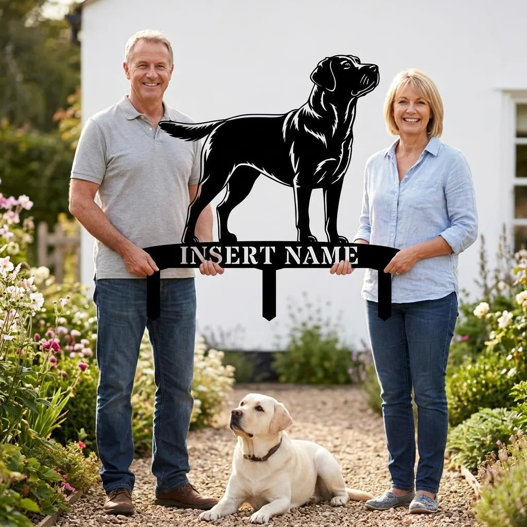 Personlig Labrador Retriever metalskilt til haven med hundenavn