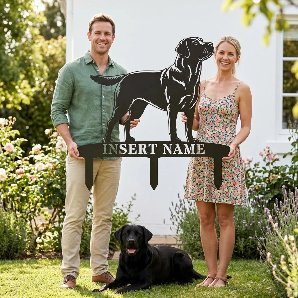 Personlig Labrador Retriever metalskilt til haven med hundenavn