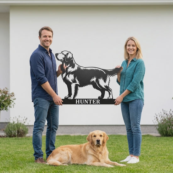 Golden retriever metalskilt med personligt hundenavn