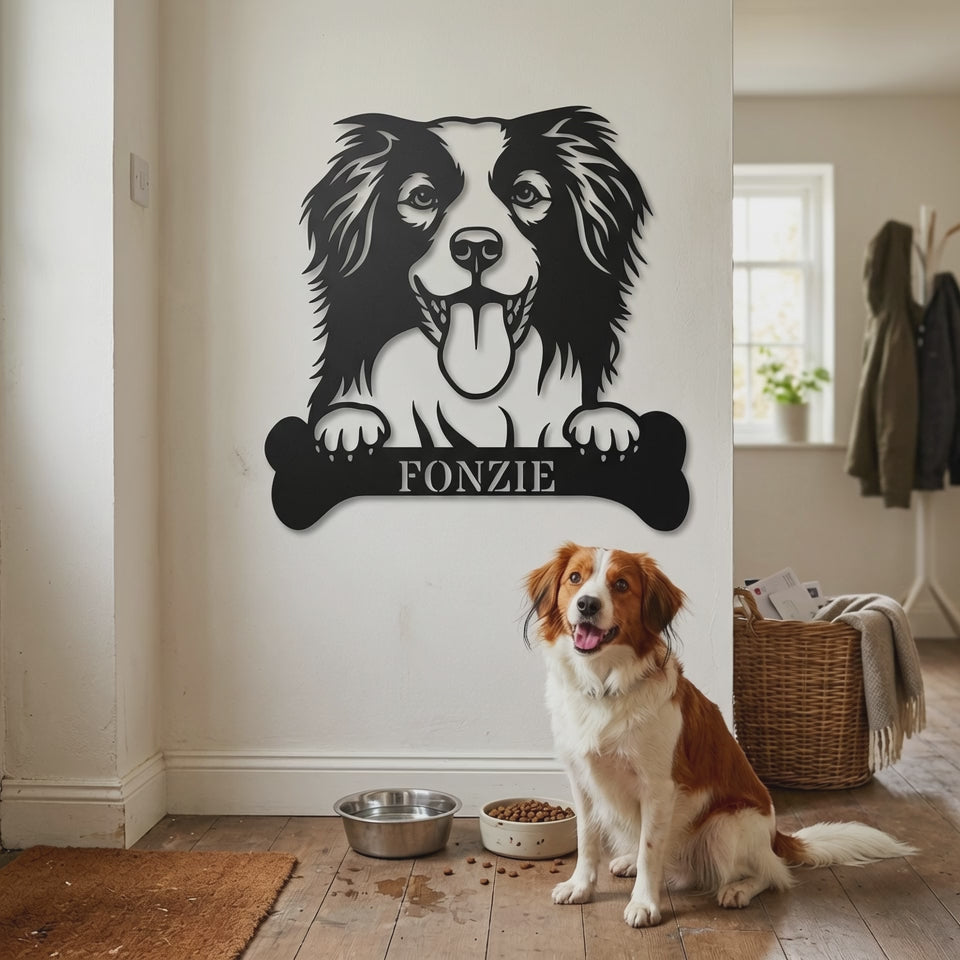 Sjov Hollandsk Kooikerhondje navneskilt med personlig tekst. Unik metalskilt til hundeejeren