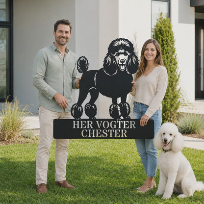 Unik her vogter jeg puddelhund metalskilt med personlig navn