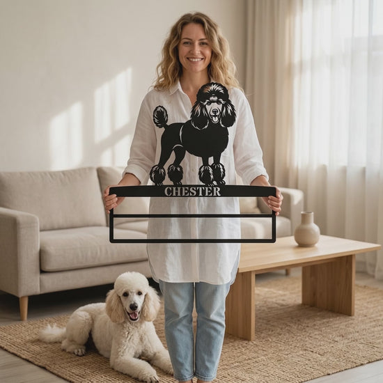 Unik puddelhund metalskilt til rosetter med personlig navn