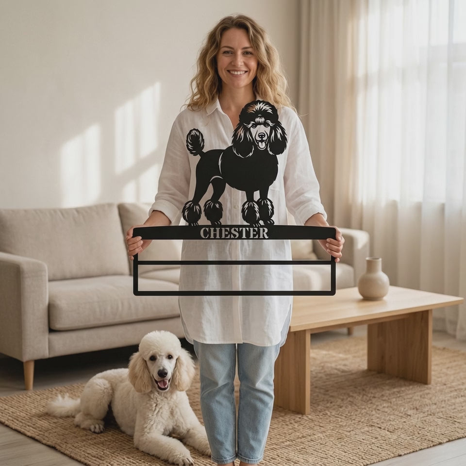 Unik puddelhund metalskilt til rosetter med personlig navn