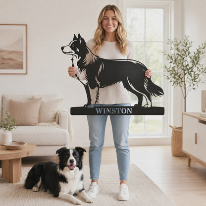 Border Collie metalskilt med personligt hundenavn