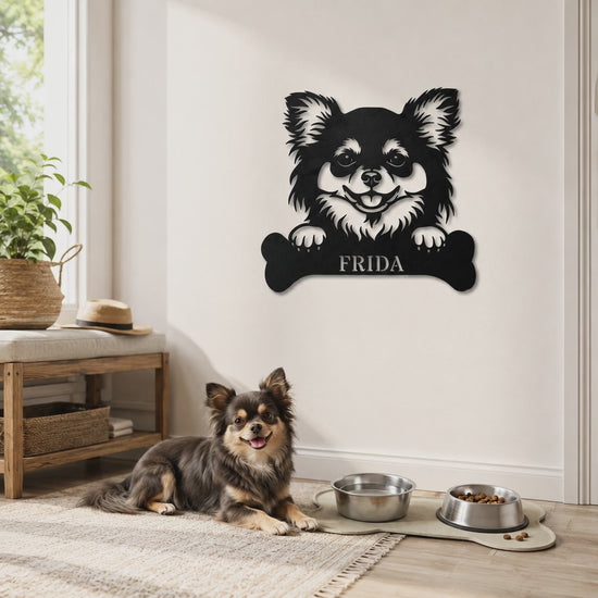 Langhåret Chihuahua. Sjov metalskilt med personlig tekst