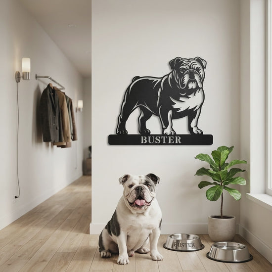 Personlig Engelsk Bulldog væg metalskilt med hundenavn