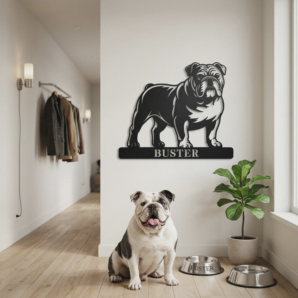 Personlig Engelsk Bulldog væg metalskilt med hundenavn