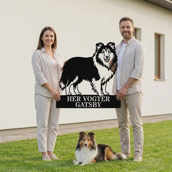 Personlig her vogter jeg Shetland Sheepdog metal navneskilt med navn