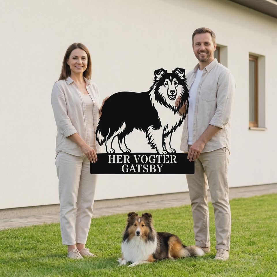 Personlig her vogter jeg Shetland Sheepdog metal navneskilt med navn
