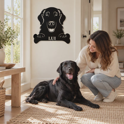 Flat Coated Retriever. Sjov metalskilt med personlig tekst