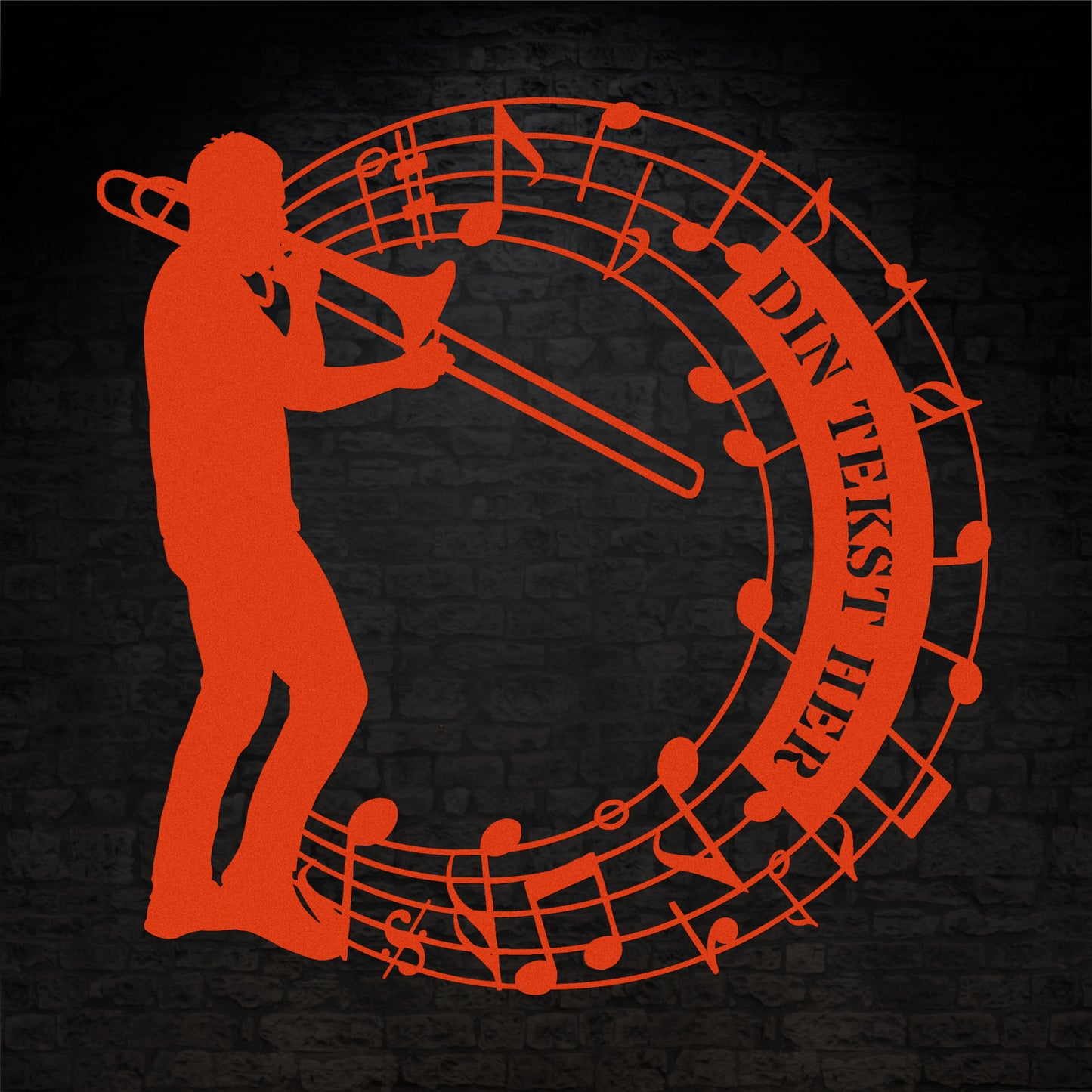 rund trombonist metal vægskilt i orange med personlig tekst. Unik gaveidé til muikeren